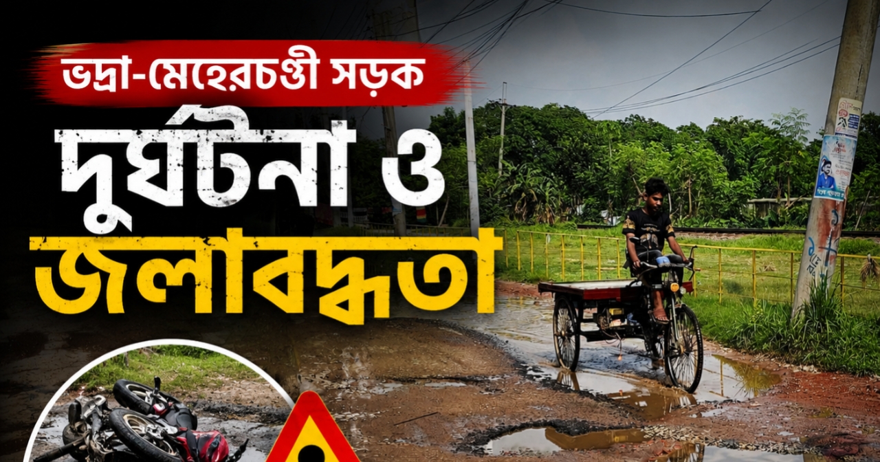 ভদ্রা-মেহেরচণ্ডী সংযোগ সড়কে চরম দুর্ভোগ: বাড়ছে দুর্ঘটনা ও জলাবদ্ধতা